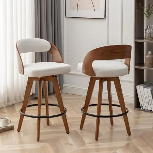 mekliba barstools set of 2counter height bar stools for kitchen island268 inch modern upholstered bar chair swivel counter stools with wood back and bamboo legs beige fabric