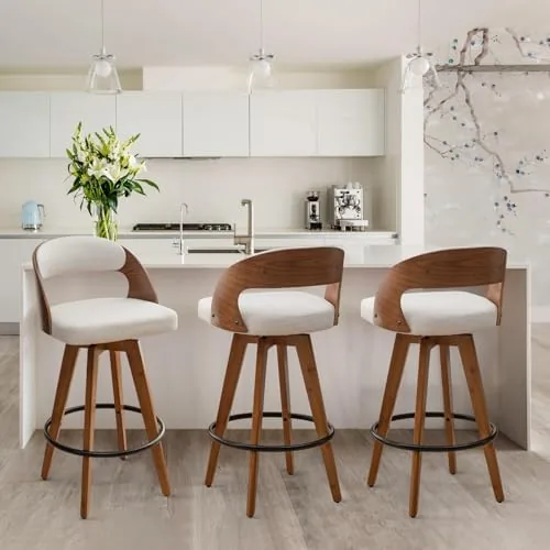 mekliba barstools set of 3counter height bar stools for kitchen island268 inch modern upholstered bar chair swivel counter stools with wood back and bamboo legs beige fabric