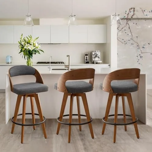 mekliba barstools set of 3counter height bar stools for kitchen island268 inch modern upholstered bar chair swivel counter stools with wood back and bamboo legs darkgray fabric