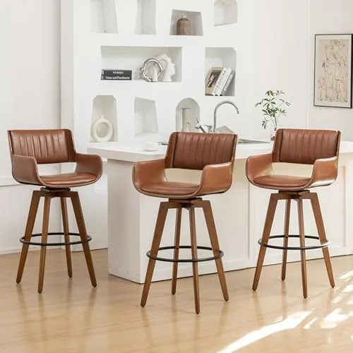 mekliba brown bar stools set of 3 30 inch bar stools bar heightswivel barstool with backs and arm restfaux leather bar chairs mid century modern stools for kitchen island